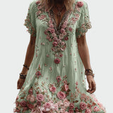 Vintažinė suknelė su trumpomis rankovėmis ir elegantišku gėlių siuvinėjimu