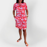 Raštuota Midi Suknelė su Trumpomis Rankovėmis