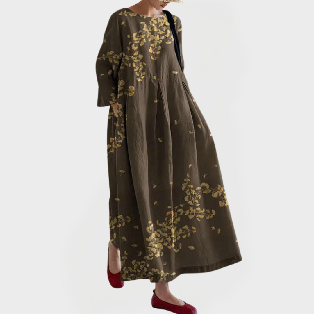 Elegantiška Lino Maxi Suknelė su Siuvinėtomis Gėlių Nėriniais