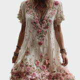 Vintažinė suknelė su trumpomis rankovėmis ir elegantišku gėlių siuvinėjimu