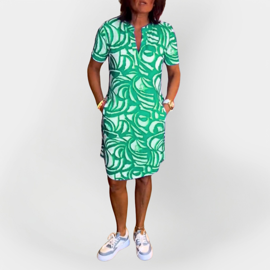 Raštuota Midi Suknelė su Trumpomis Rankovėmis