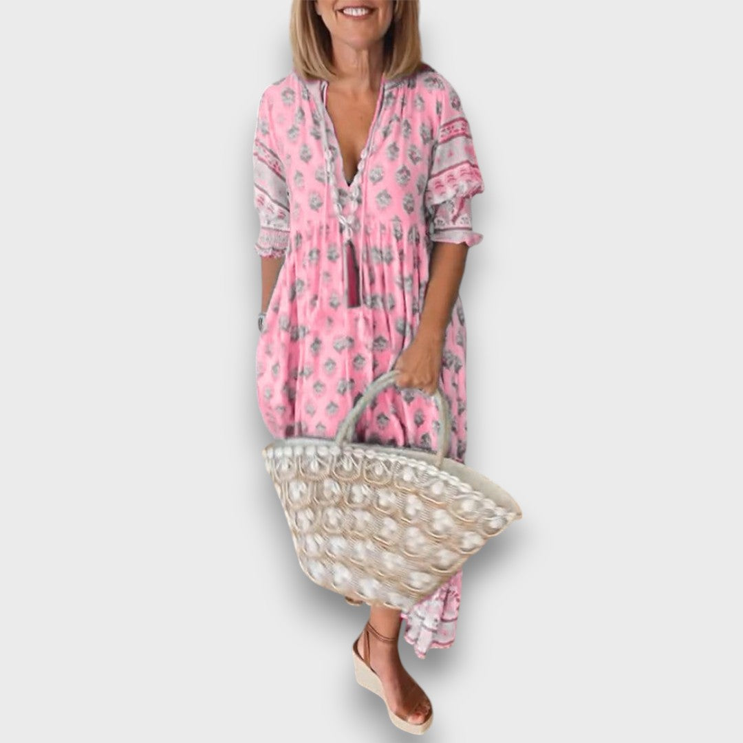 Boho Stiliaus Suknelė su 3/4 Ilgio Rankovėmis ir Kaklo Raišteliais